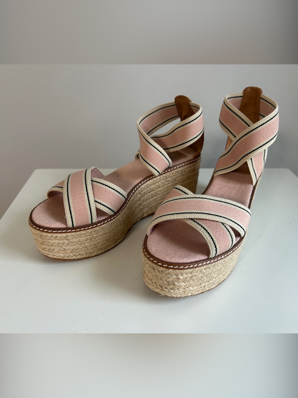Tory Burch Pink Striped Espadrille Platform Sandals